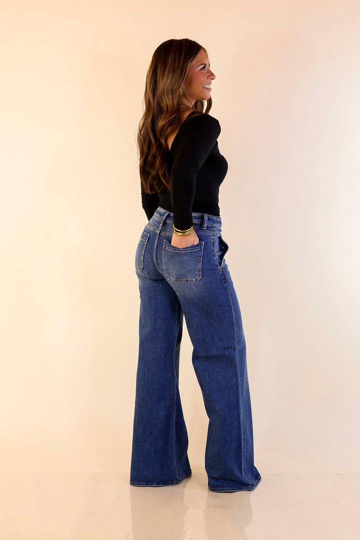 Risen | Rocky Mountain Retreat 90's Inspired Wide Leg Front Yoke Seam Detail Jeans in Dark Wash