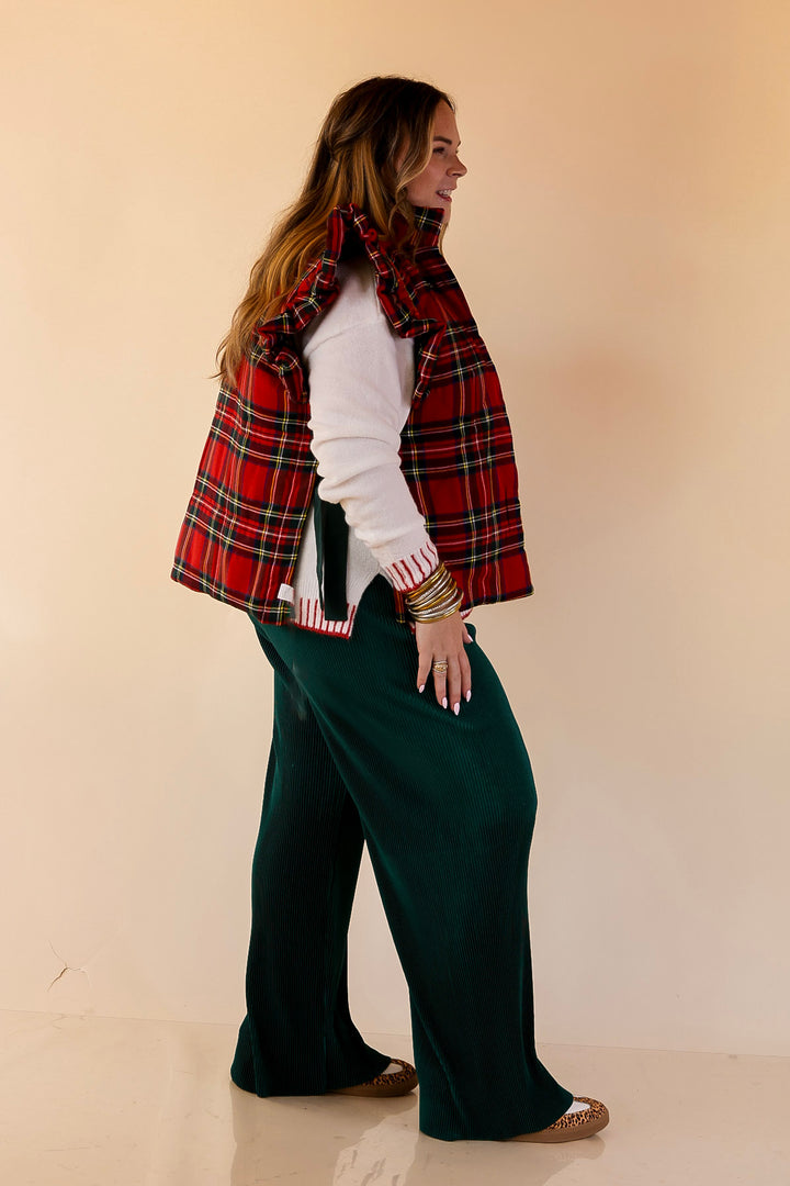 Mud Pie | Jefferies Quilted Plaid Reversible Vest with Ruffle Cap Sleeves and Bow Side Closure in Red