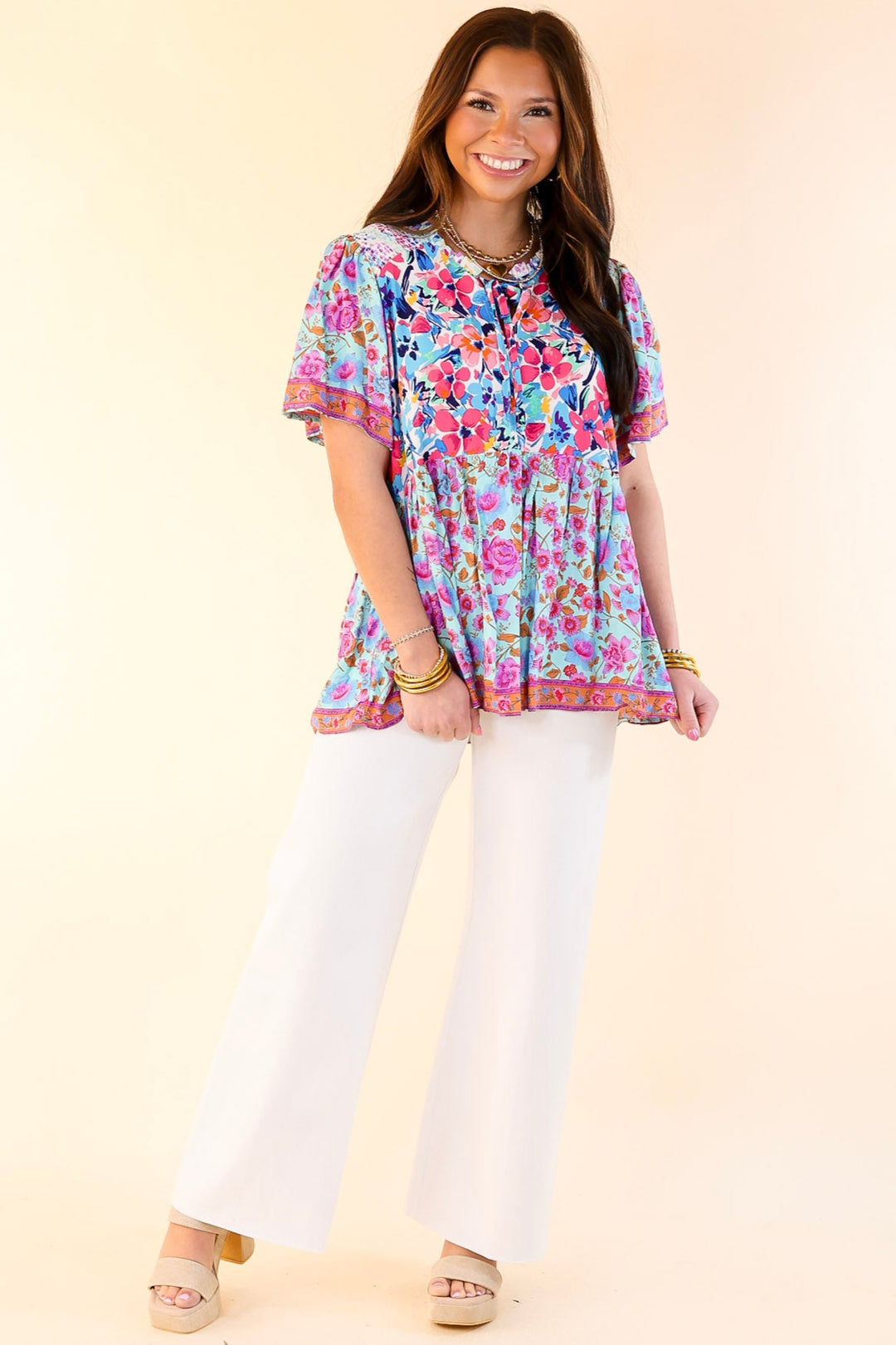 Tulip Fields Floral Print Babydoll Top in Mint Mix