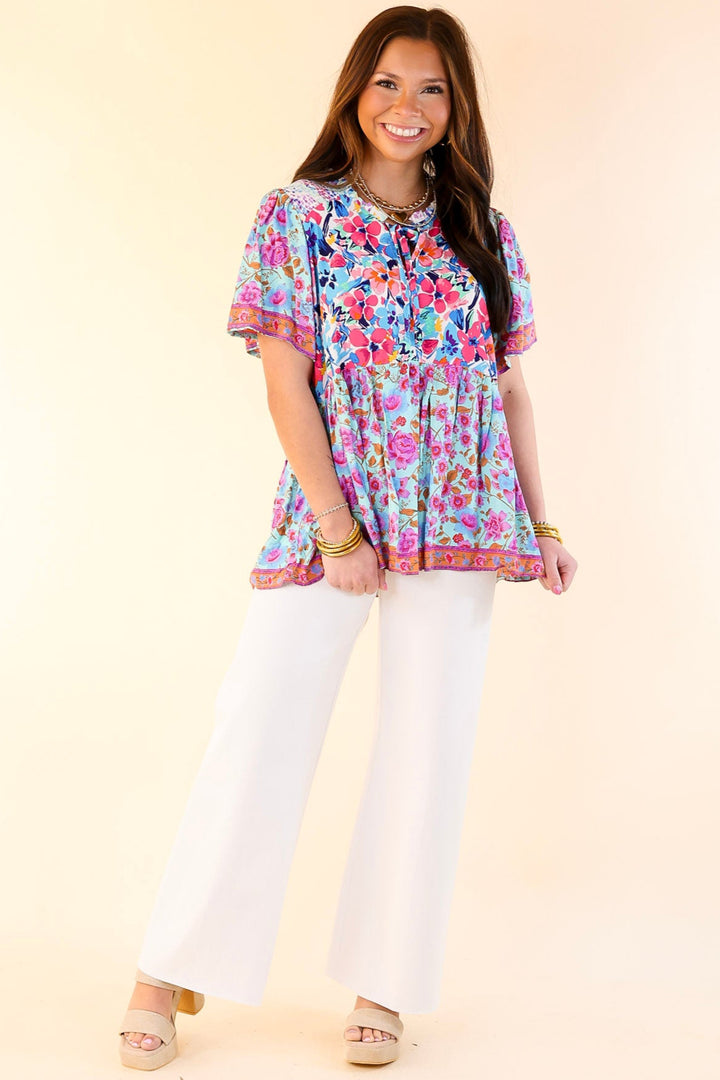 Tulip Fields Floral Print Babydoll Top in Mint Mix