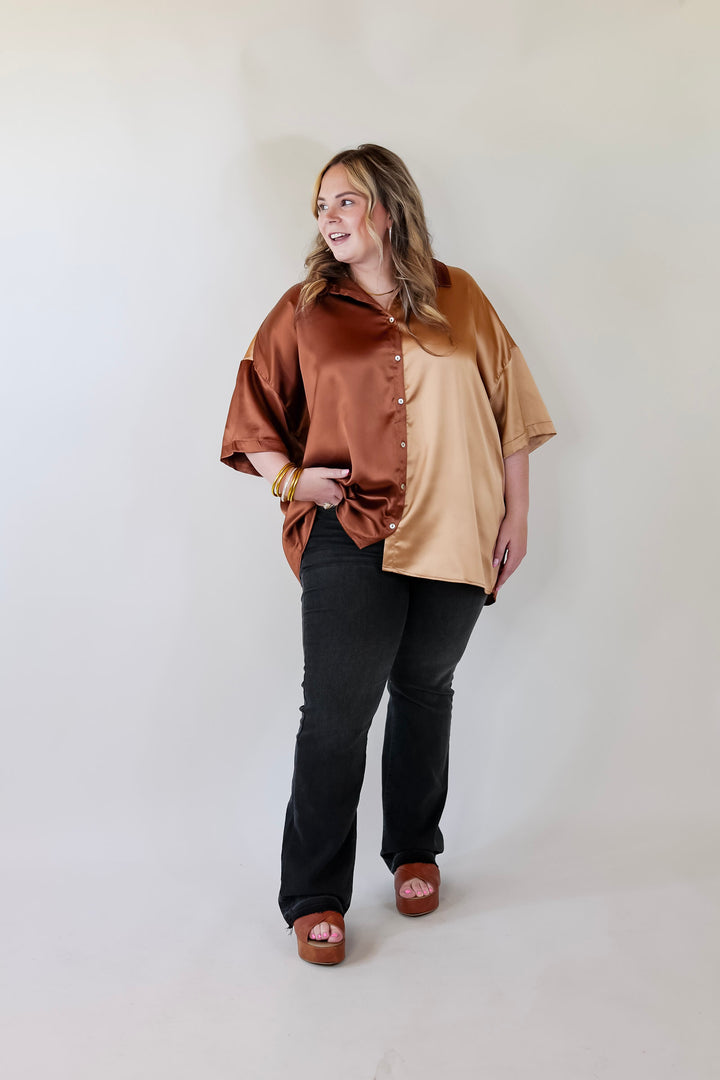 Meant To Be Happy Button Up Color Block Satin Top in Brown Mix - Giddy Up Glamour Boutique