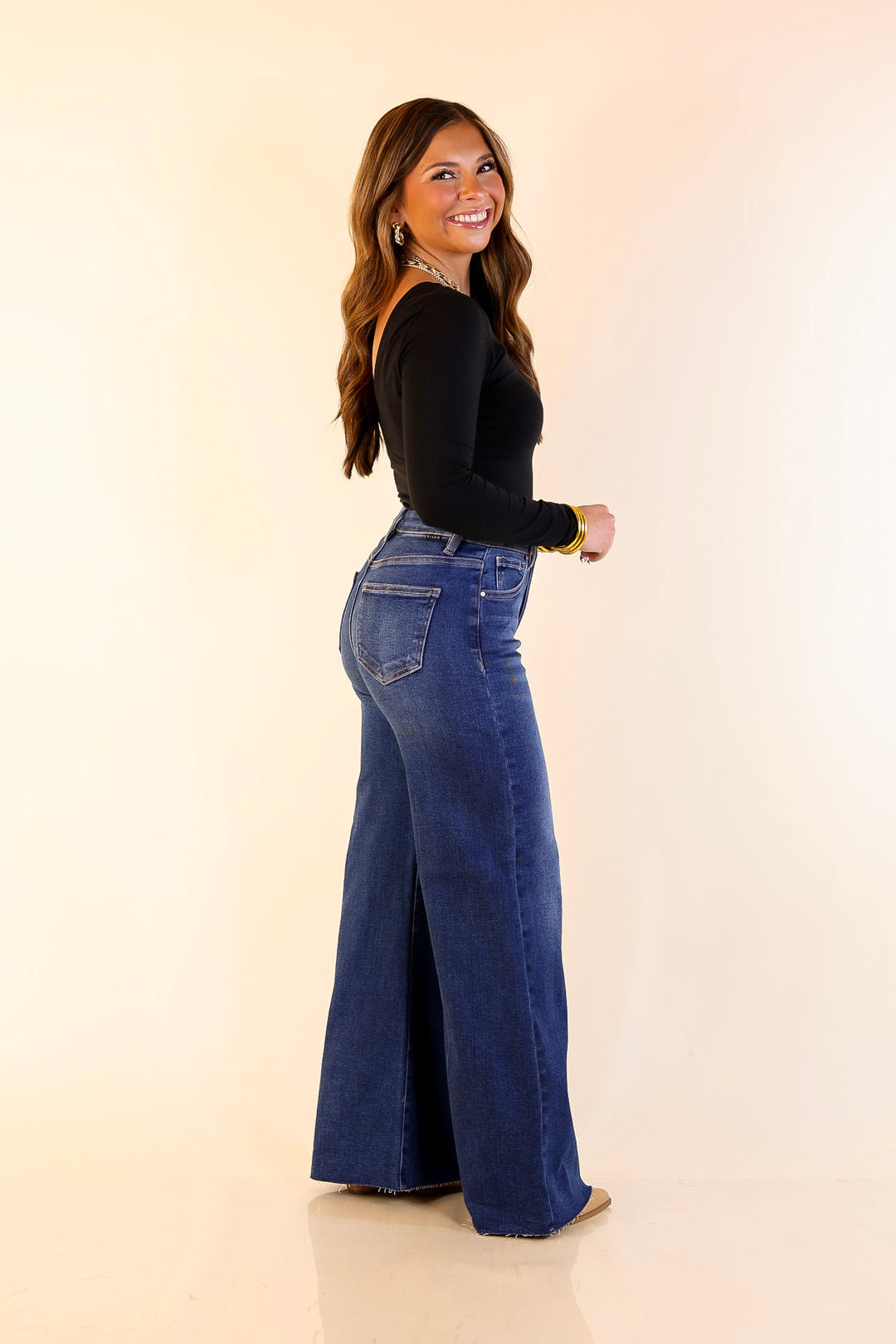 Risen | Signature Silhouette Wide Leg Raw Hem Palazzo Jeans in Dark Wash