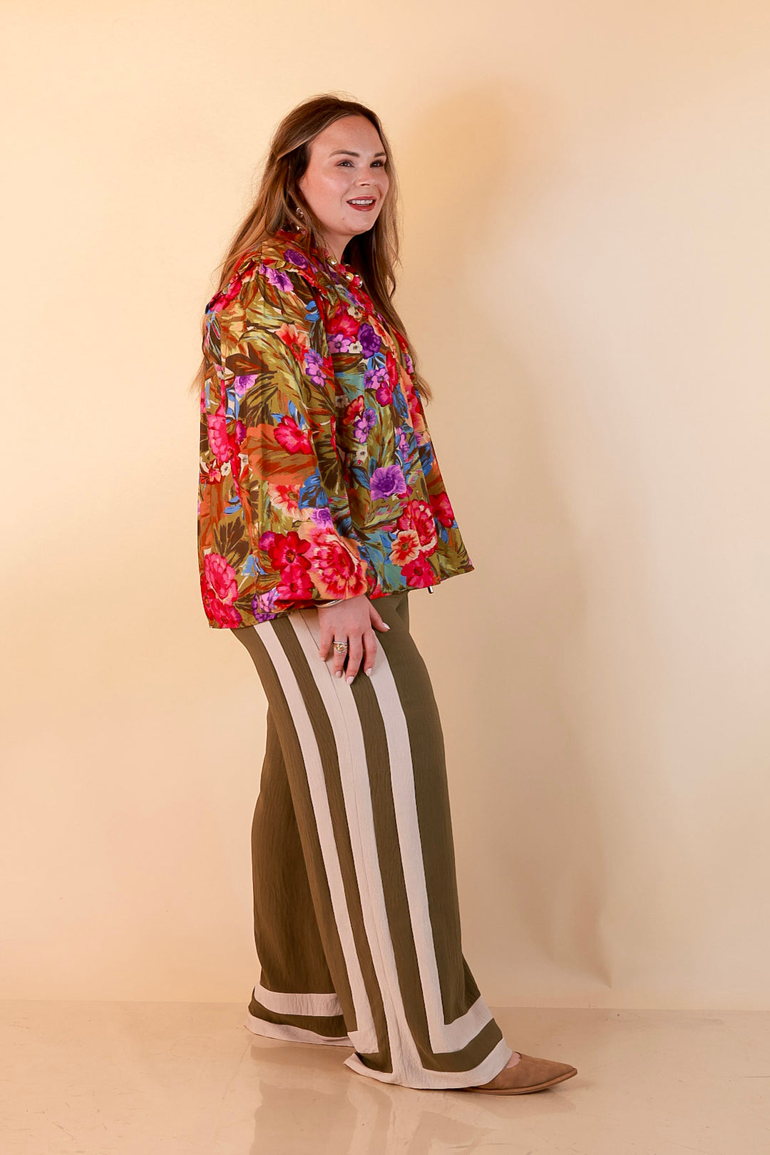 Garden Social Long Sleeve Ruffle Shoulder V-Neck Flowy Floral Print Blouse in Olive Green Multi