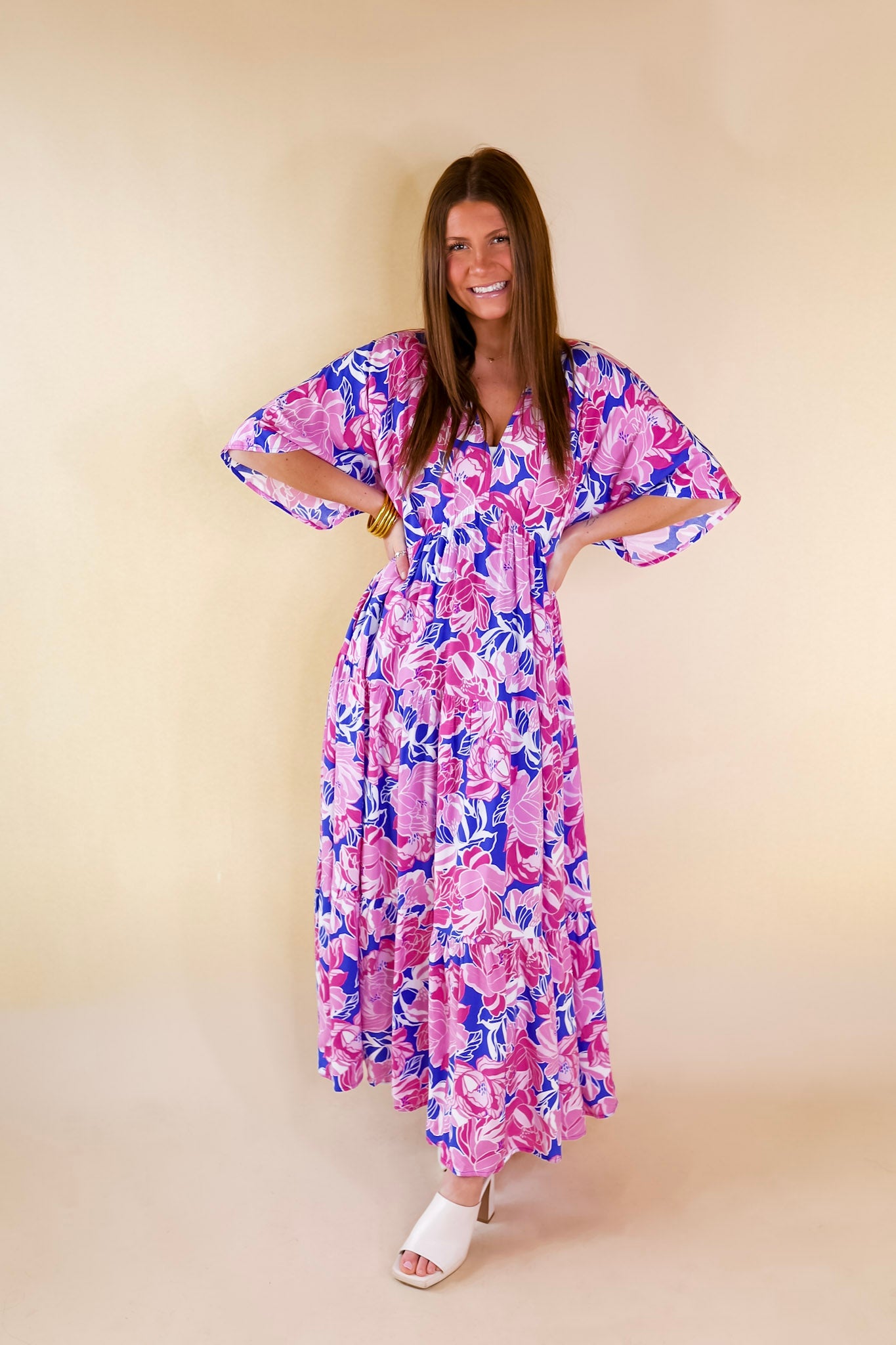 Waving Hello Floral Maxi Dress with V Neckline in Blue and Pink - Giddy Up Glamour Boutique