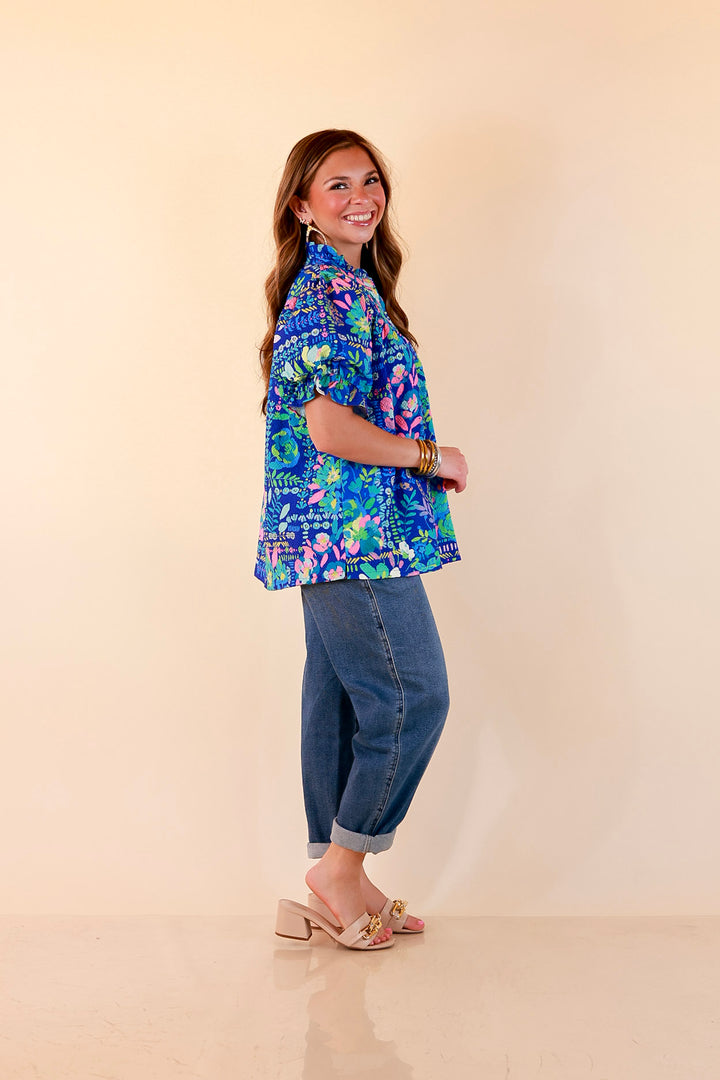Living in Color Watercolor Floral Print Textured Top with Puff Sleeves in Royal Blue