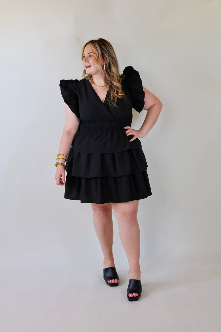 The Perfect Night Ruffle Cap Sleeve Dress in Black - Giddy Up Glamour Boutique