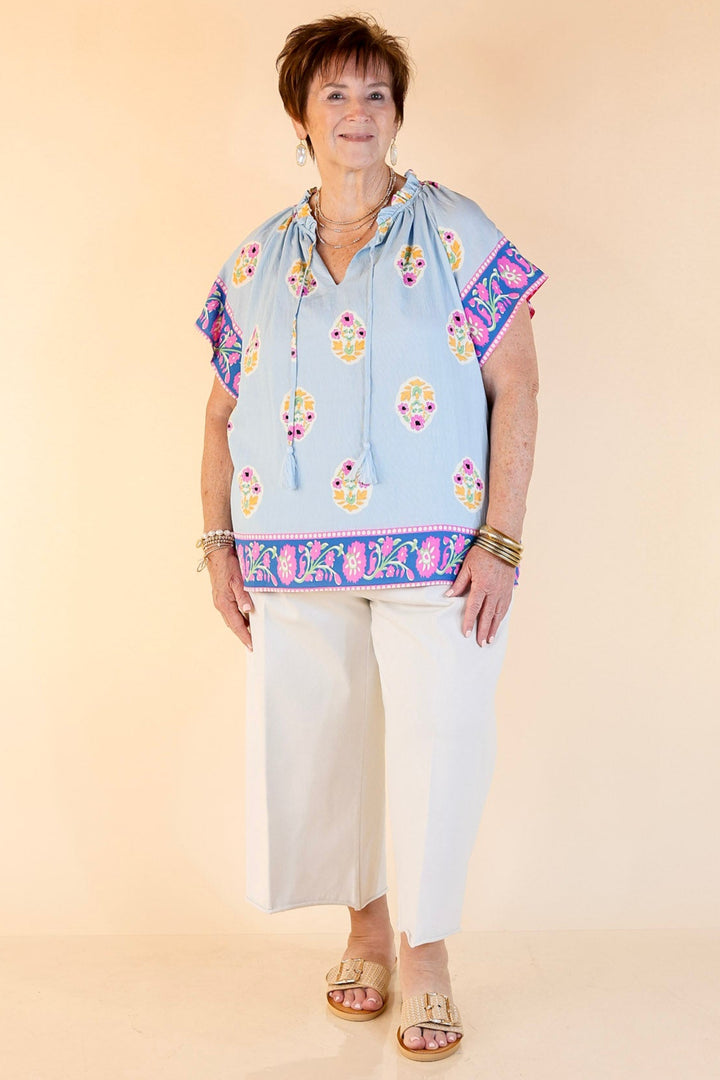 Blossom in Blue Floral Print A-Line Top in Blue and Pink Mix