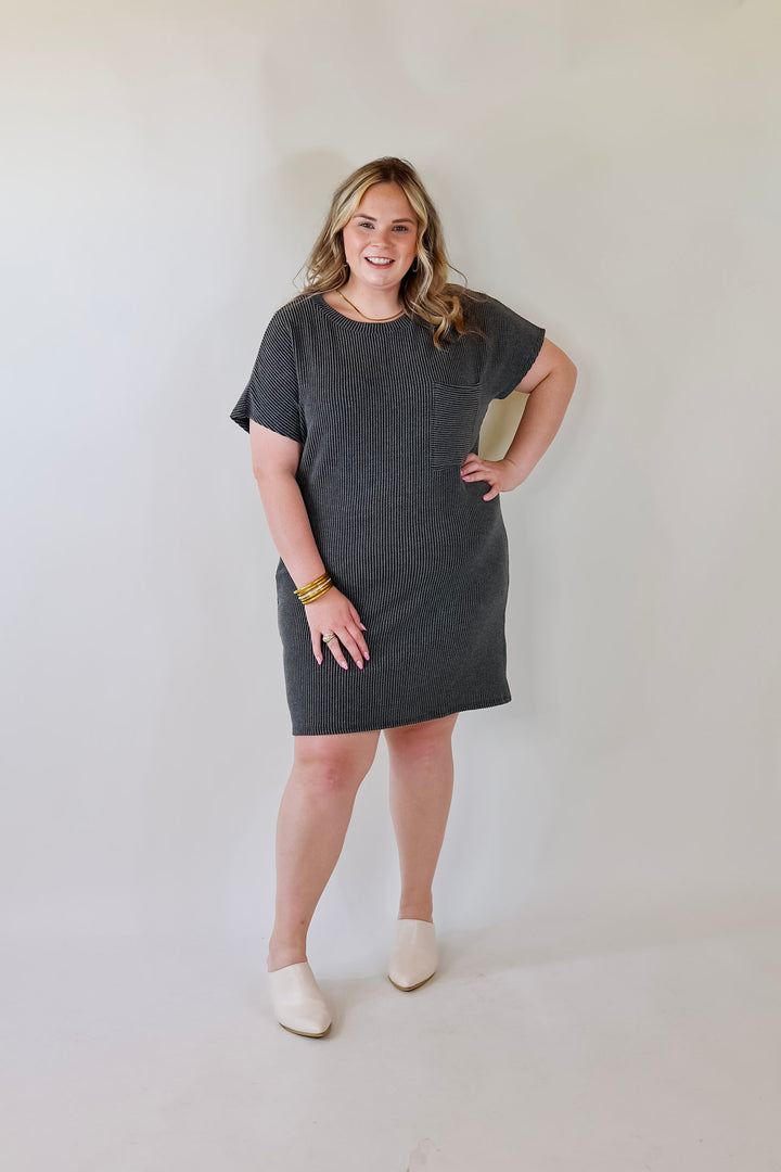 Coffee and Carefree Ribbed Short Sleeve Dress with Front Pocket in Charcoal - Giddy Up Glamour Boutique