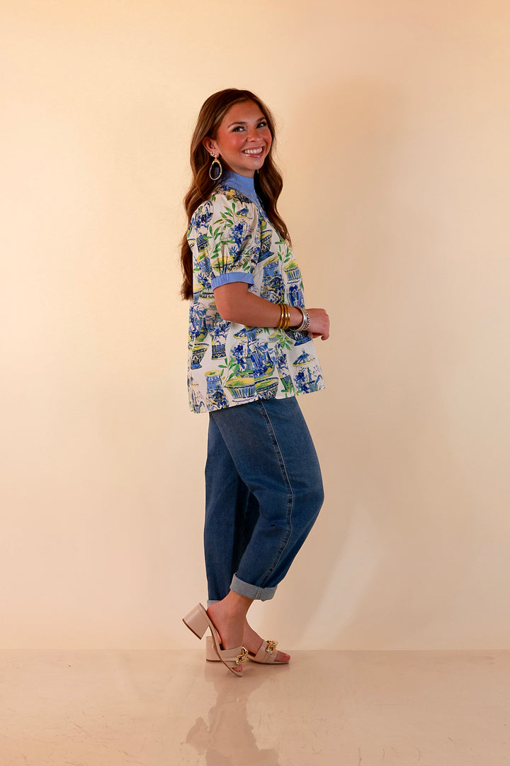 Coast is Clear Vase Print Contrast Trim Top with Puff Sleeves in Blue Multi