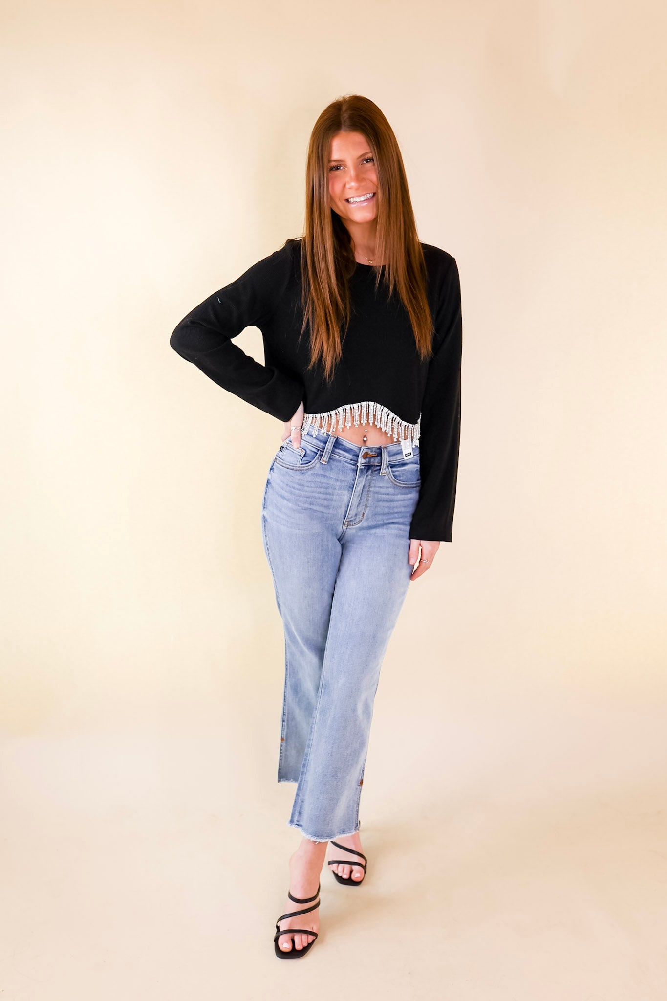 Signature Look Long Sleeve Crop Top with Crystal Fringe Trim in Black - Giddy Up Glamour Boutique