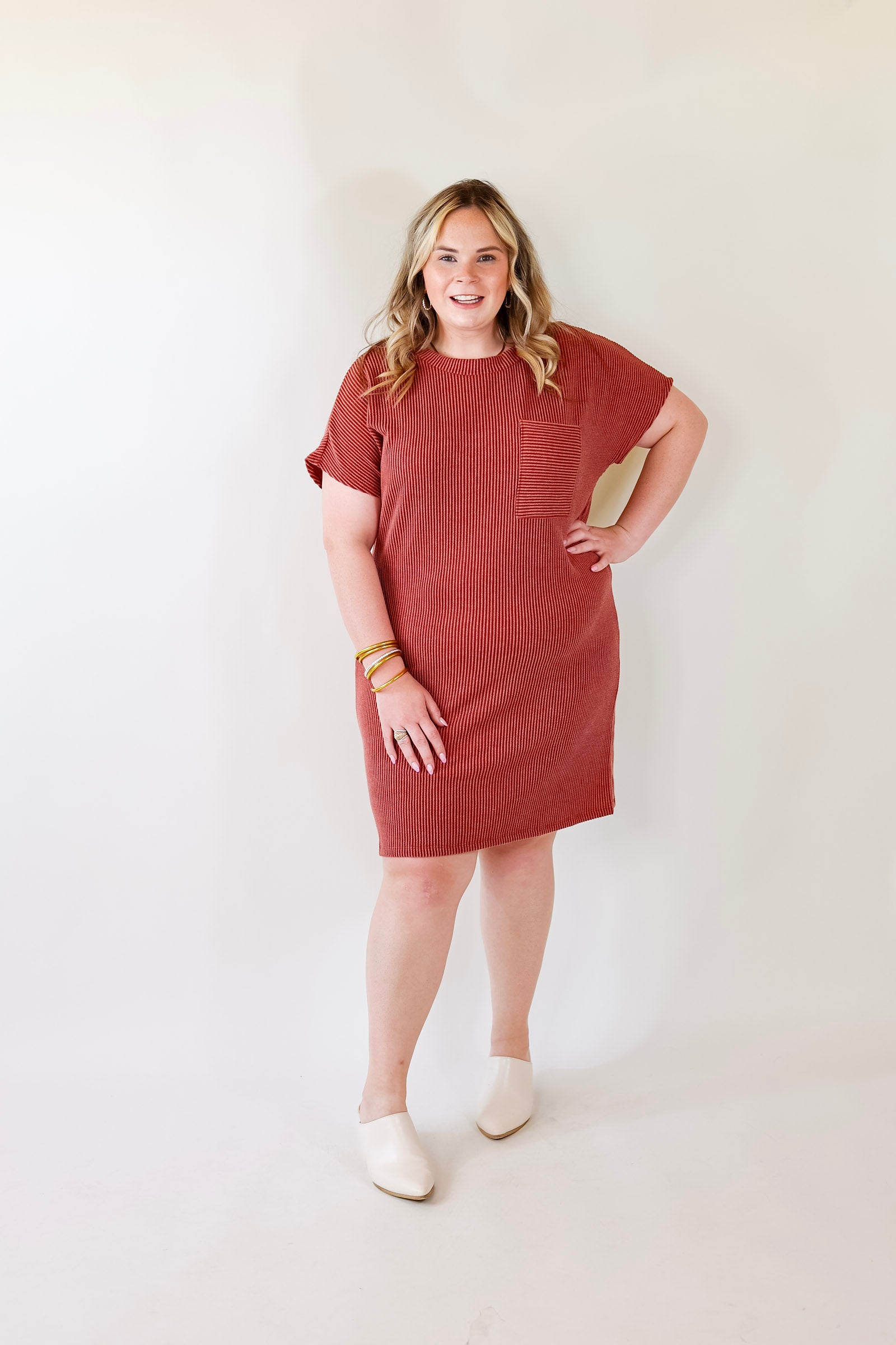 Coffee and Carefree Ribbed Short Sleeve Dress with Front Pocket in Rust Red - Giddy Up Glamour Boutique