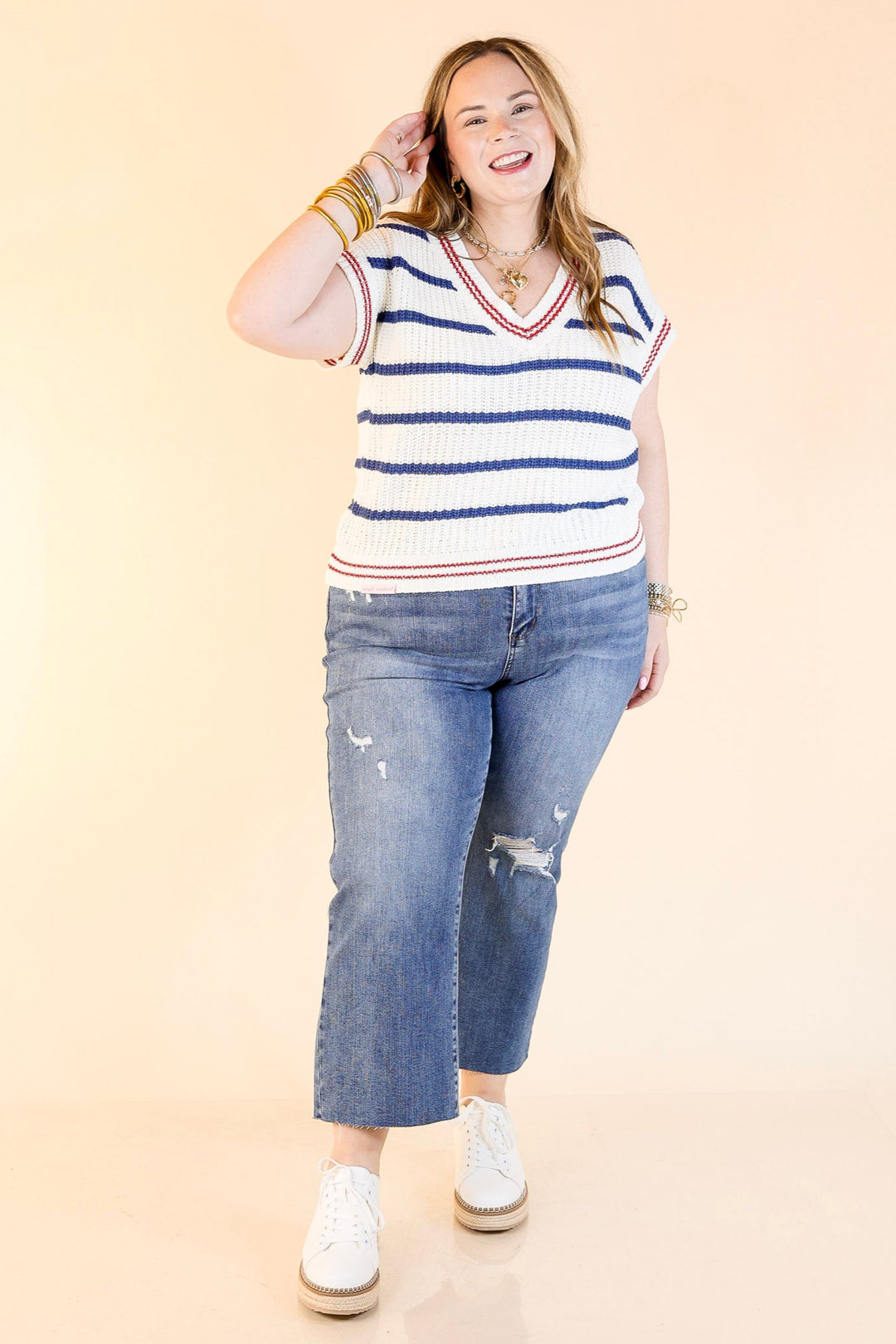 Simply Southern | Go with the Flow Striped Short Sleeve Sweater Top in Navy Blue
