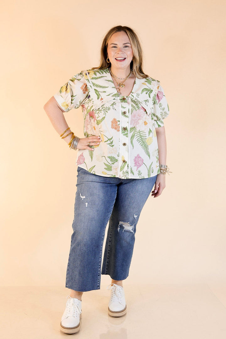 Finishing Touches Button Up Floral Print Top with Peter Pan Collar in Cream