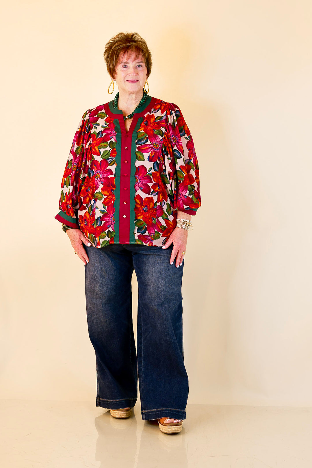 Color Me Confident Floral Print Button Front Contrast Trim Top in Ivory, Plum and Emerald Green