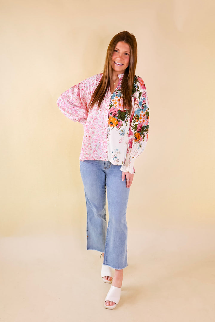 Tulip Time Floral Mix Print Button Up Blouse in Pink - Giddy Up Glamour Boutique