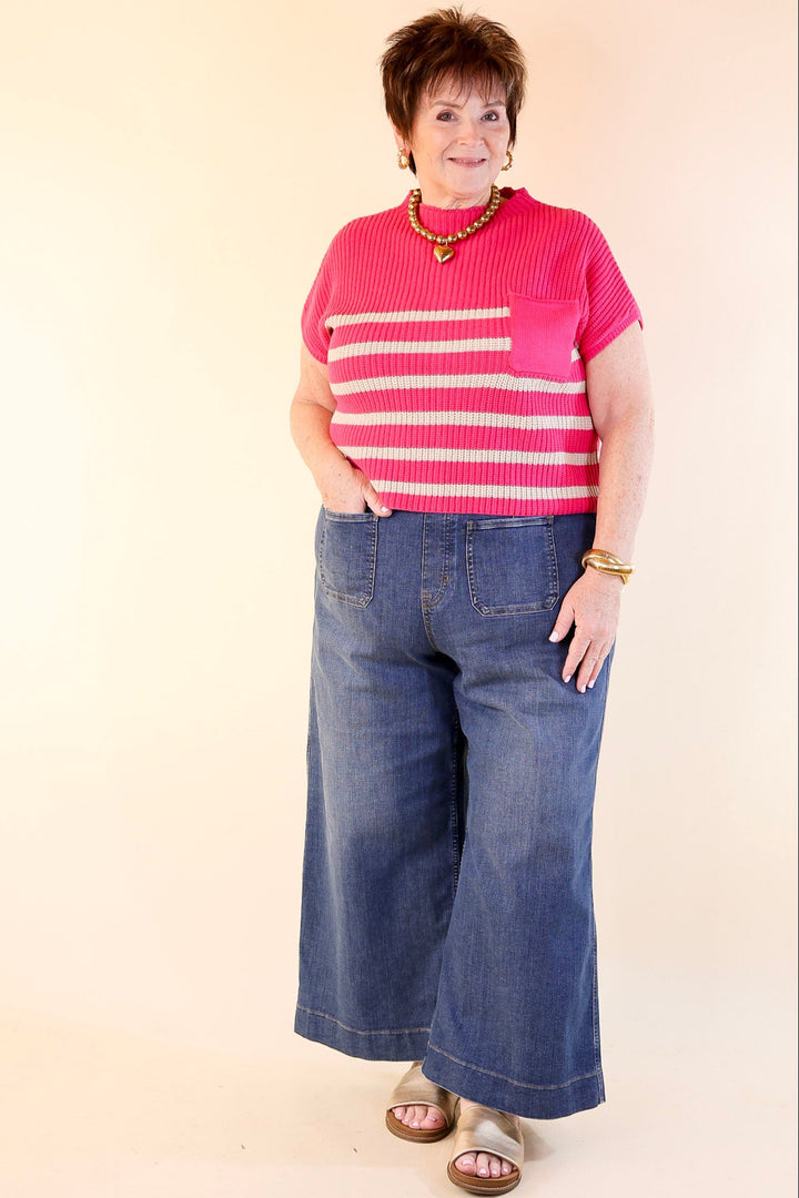 Repeat Worthy Striped Cap Sleeve Cropped Sweater with Front Pocket in Hot Pink