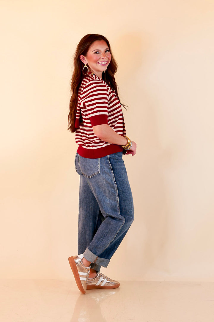 Leading Lady Faux Sweater Tie Detail Short Sleeve Striped Knit Top in Burgundy and Ivory