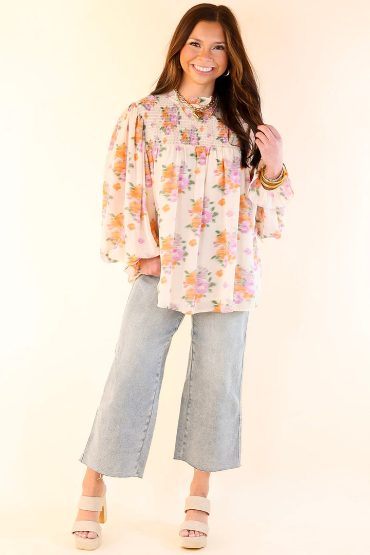 Garden Glow Watercolor Floral Print Blouse with High Neckline in Ivory