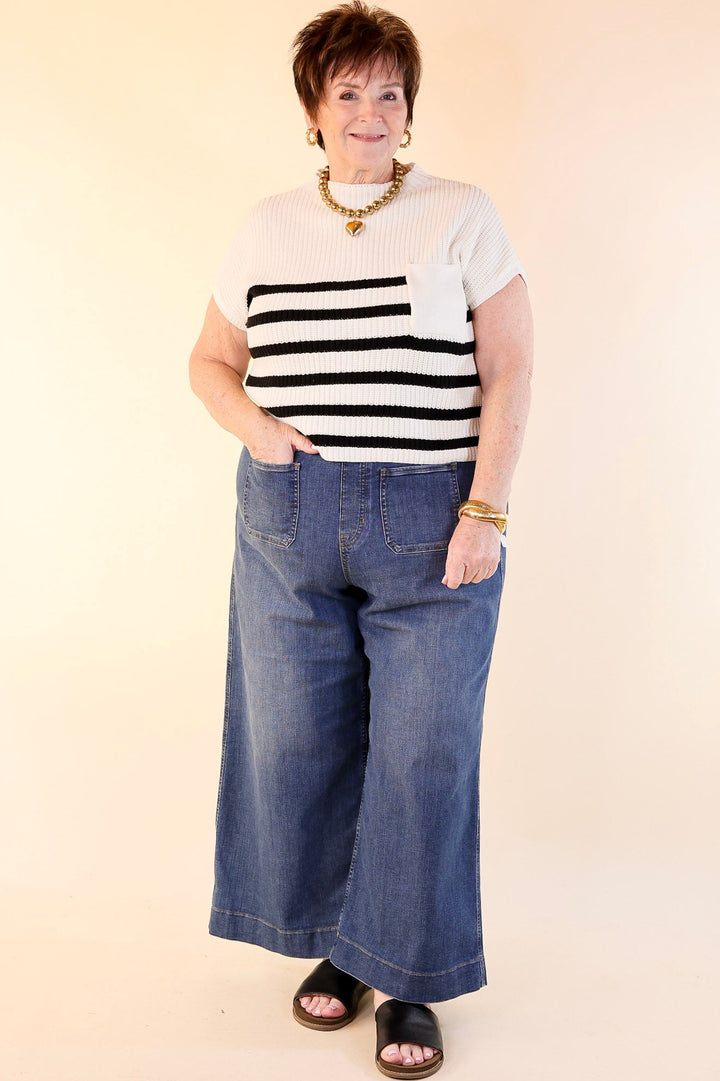 Repeat Worthy Striped Cap Sleeve Cropped Sweater with Front Pocket in Ivory