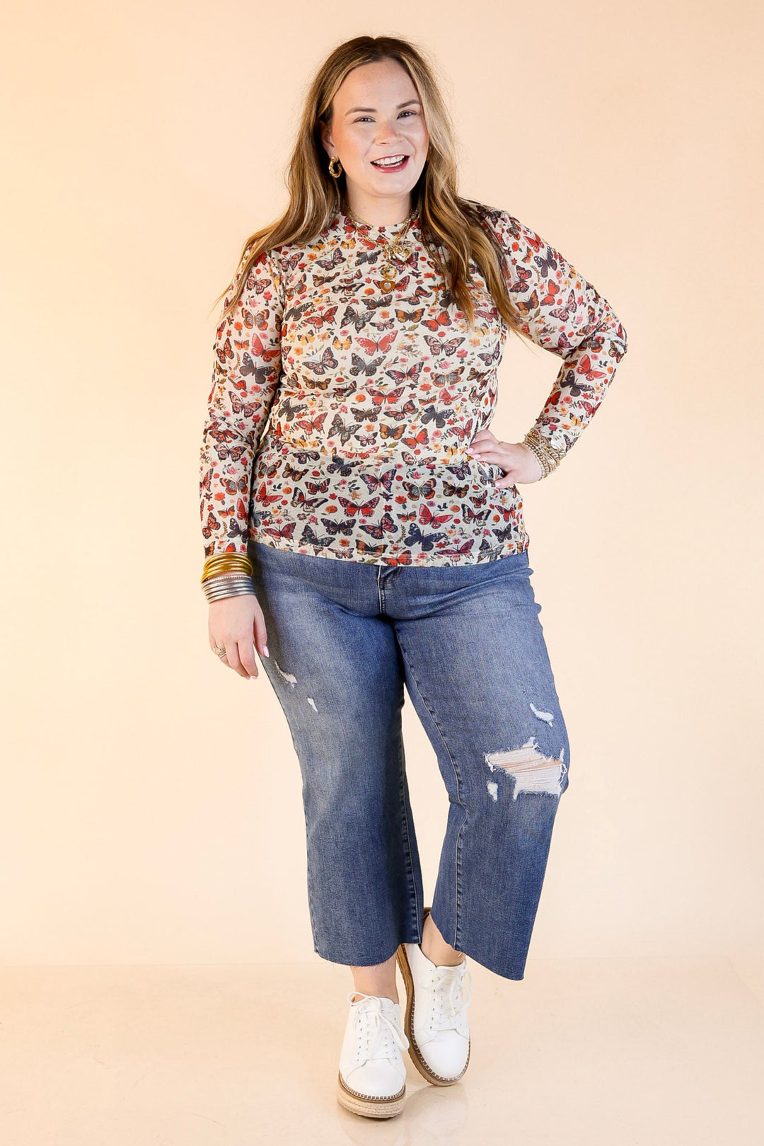 In Full Flutter Butterfly Mesh Top in Cream