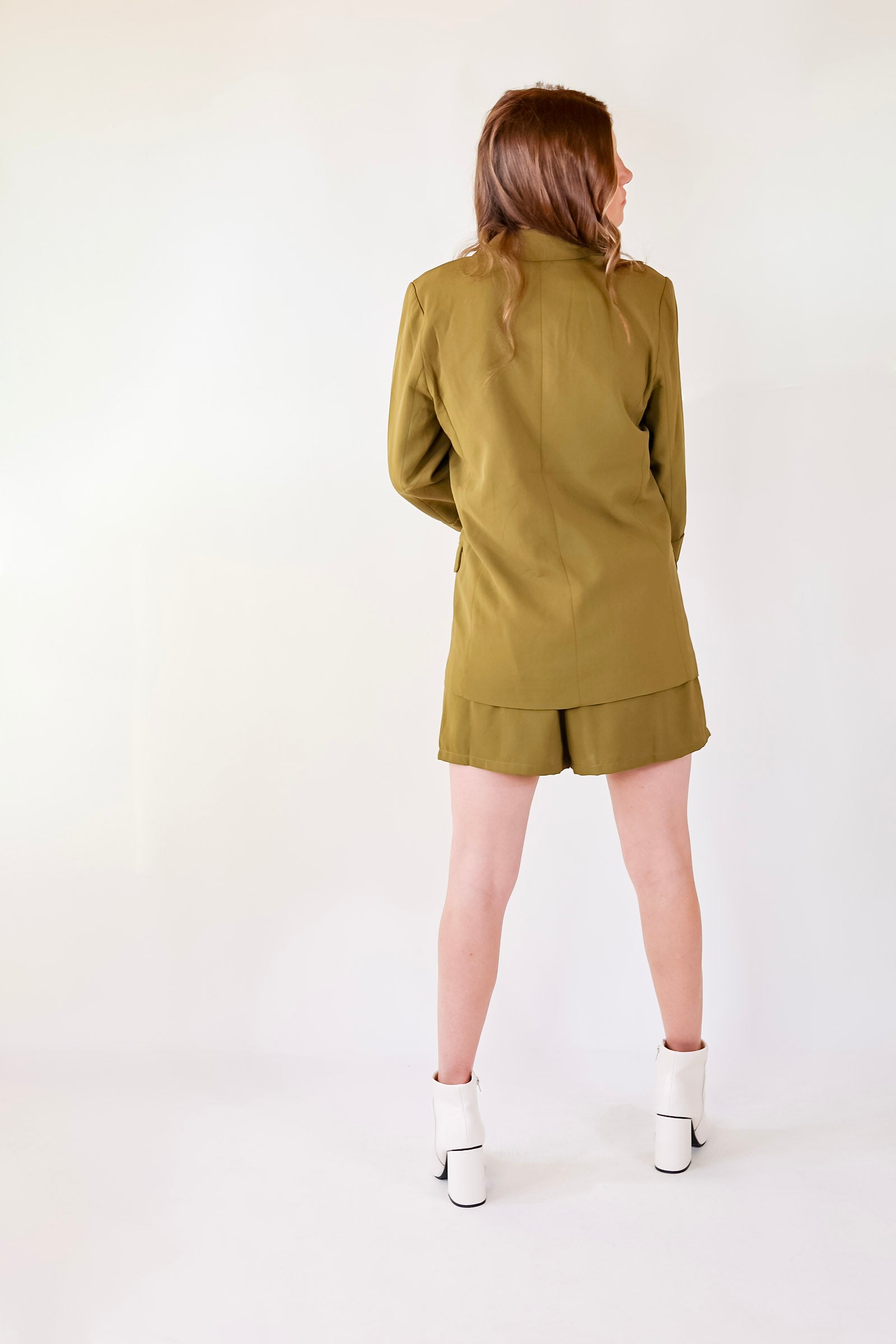Fine Like Wine 3/4 Sleeve Blazer in Olive Green - Giddy Up Glamour Boutique