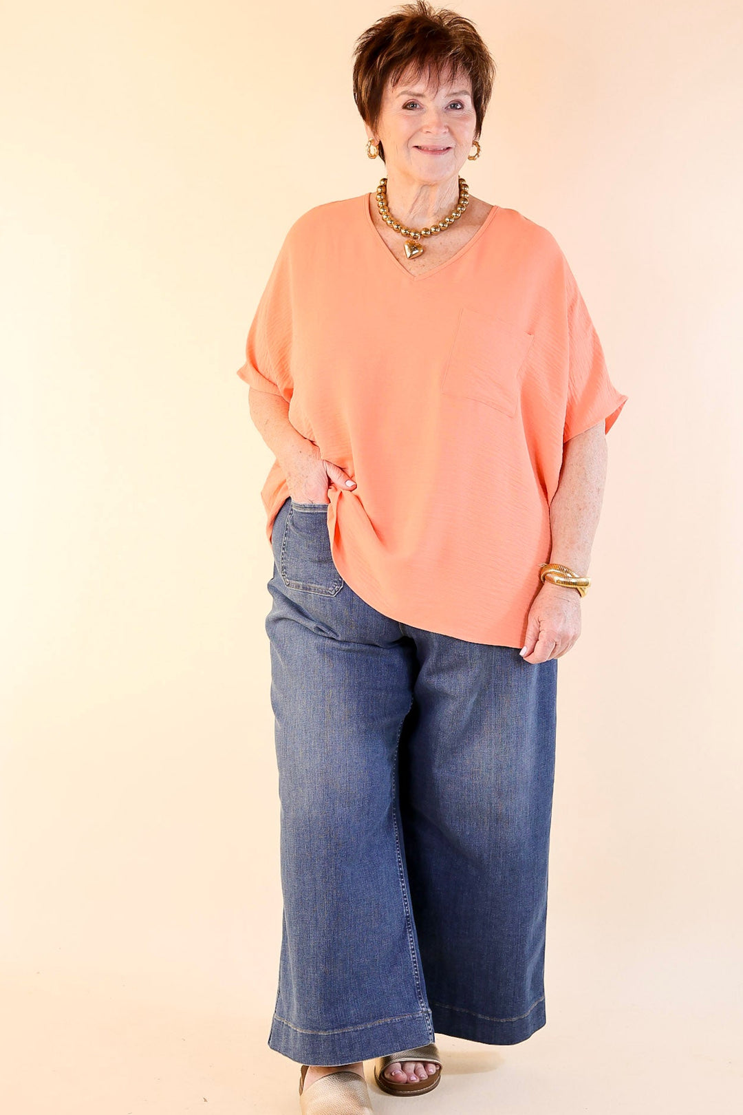 Try To Resist Short Sleeve V Neck Top with Front Pocket in Coral