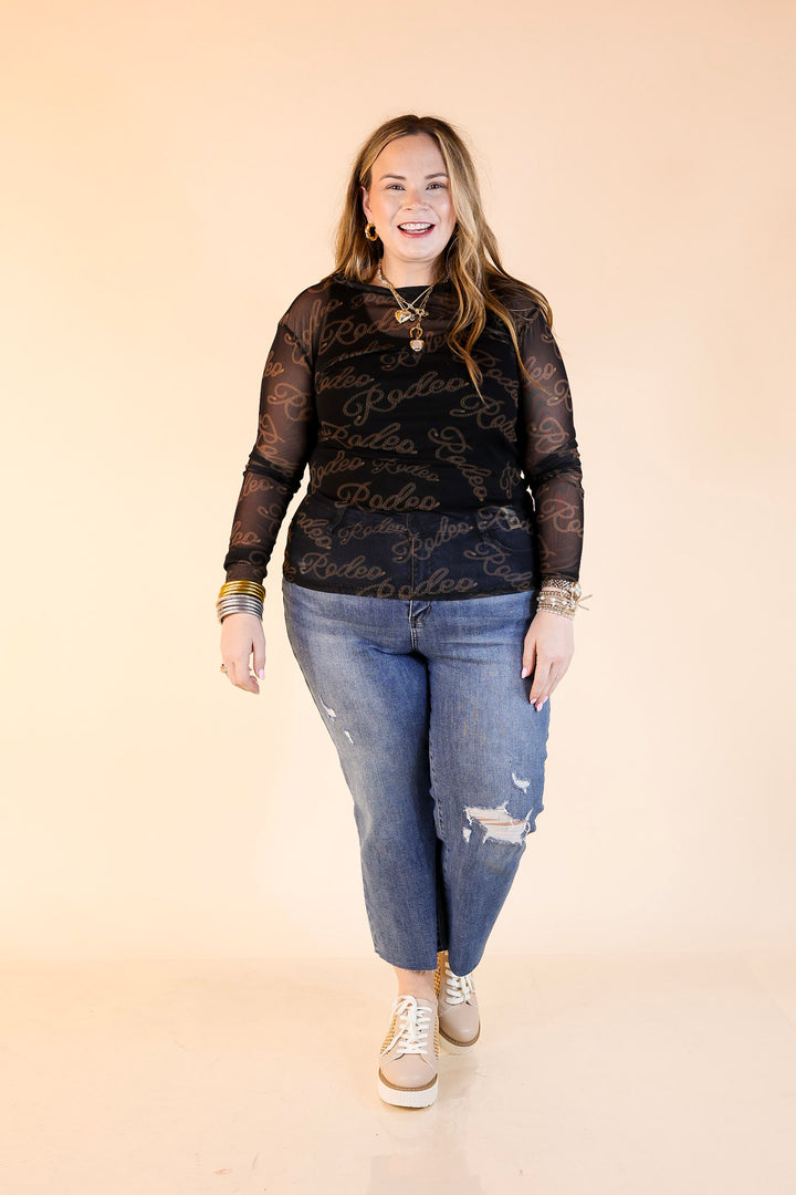 Light Layer Rodeo Western Script Print Mesh Long Sleeve Top in Black