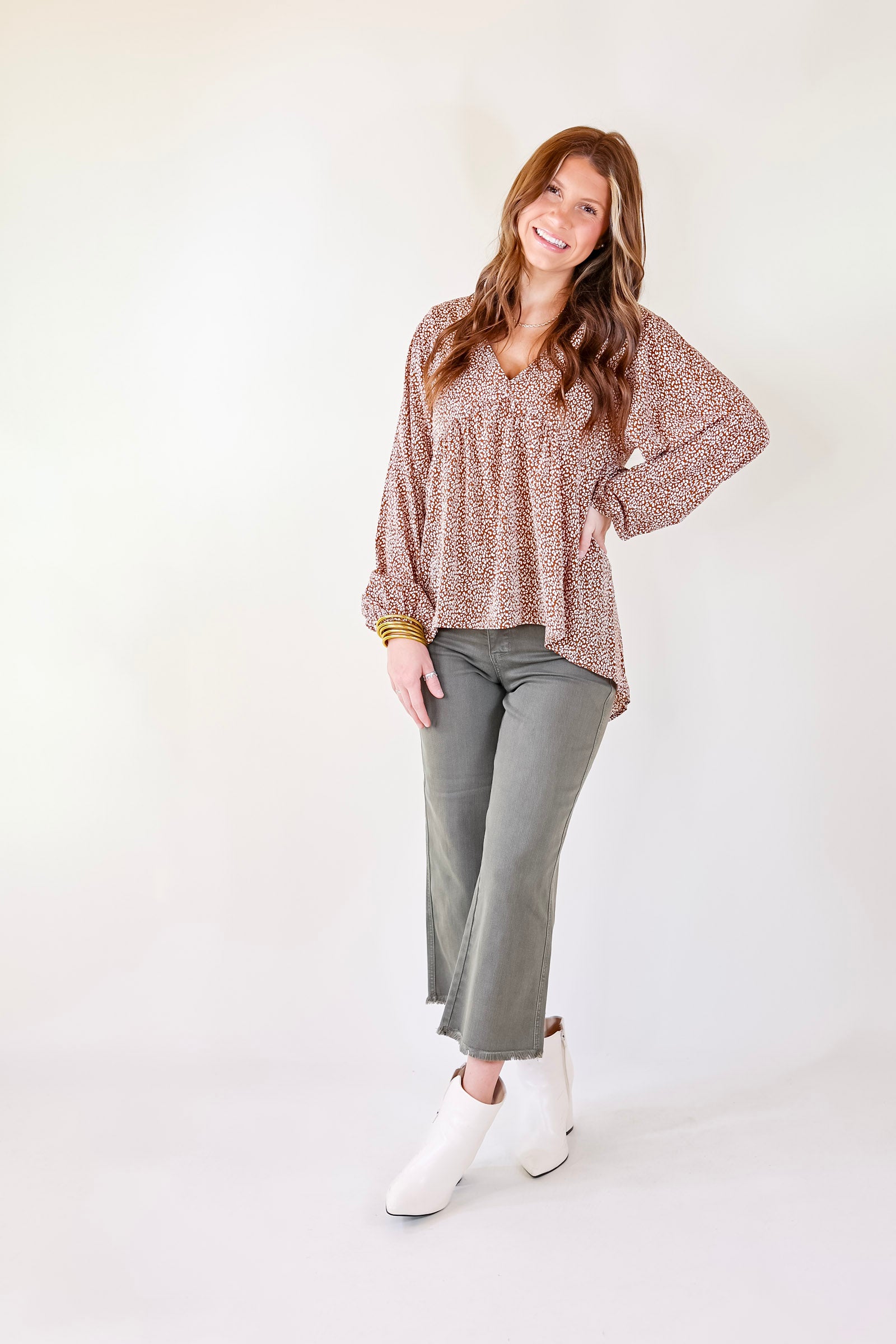 Really Dreamy Small Leopard Print Babydoll Top with Long Sleeves in Brown - Giddy Up Glamour Boutique