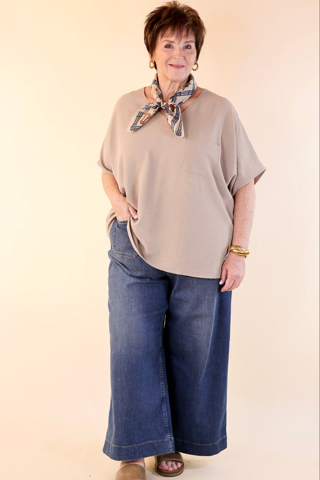 Try To Resist Short Sleeve V Neck Top with Front Pocket in Light Mocha Brown