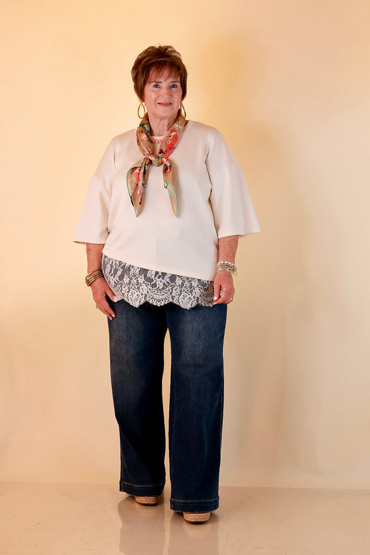 Laced with Charm Oversized Asymmetrical Lace Trim Boxy Top in Ivory