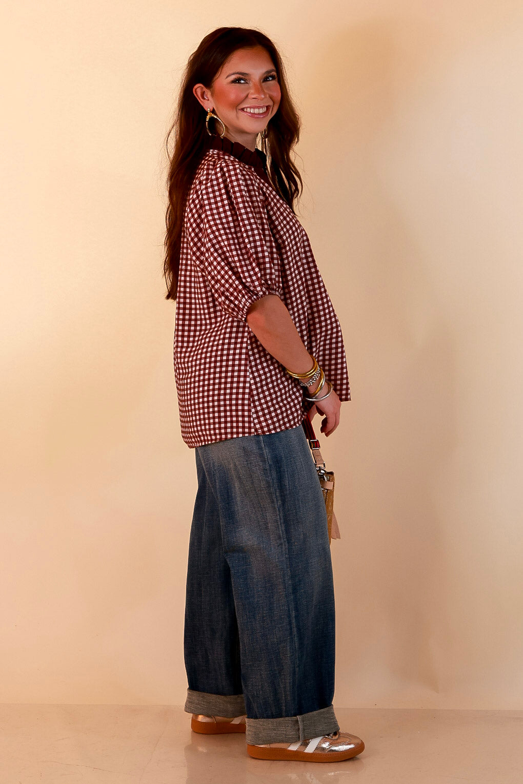 Check the Agenda Contrast V-Neck Button Detail Gingham Puff Sleeve Top in Maroon and Ivory