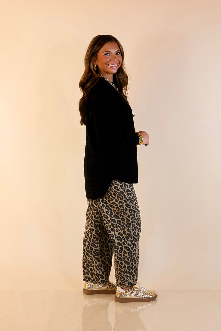 Cool Day Classic Scoop Neck Long Sleeve Large Waffle Knit Sweater in Black