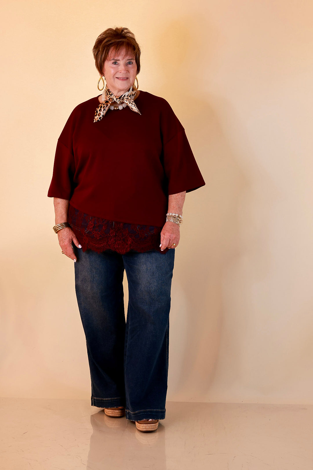 Laced with Charm Oversized Asymmetrical Lace Trim Boxy Top in Maroon