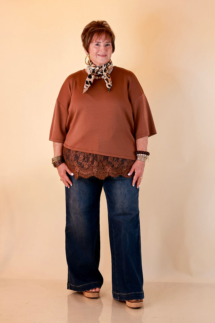Laced with Charm Oversized Asymmetrical Lace Trim Boxy Top in Coco Brown