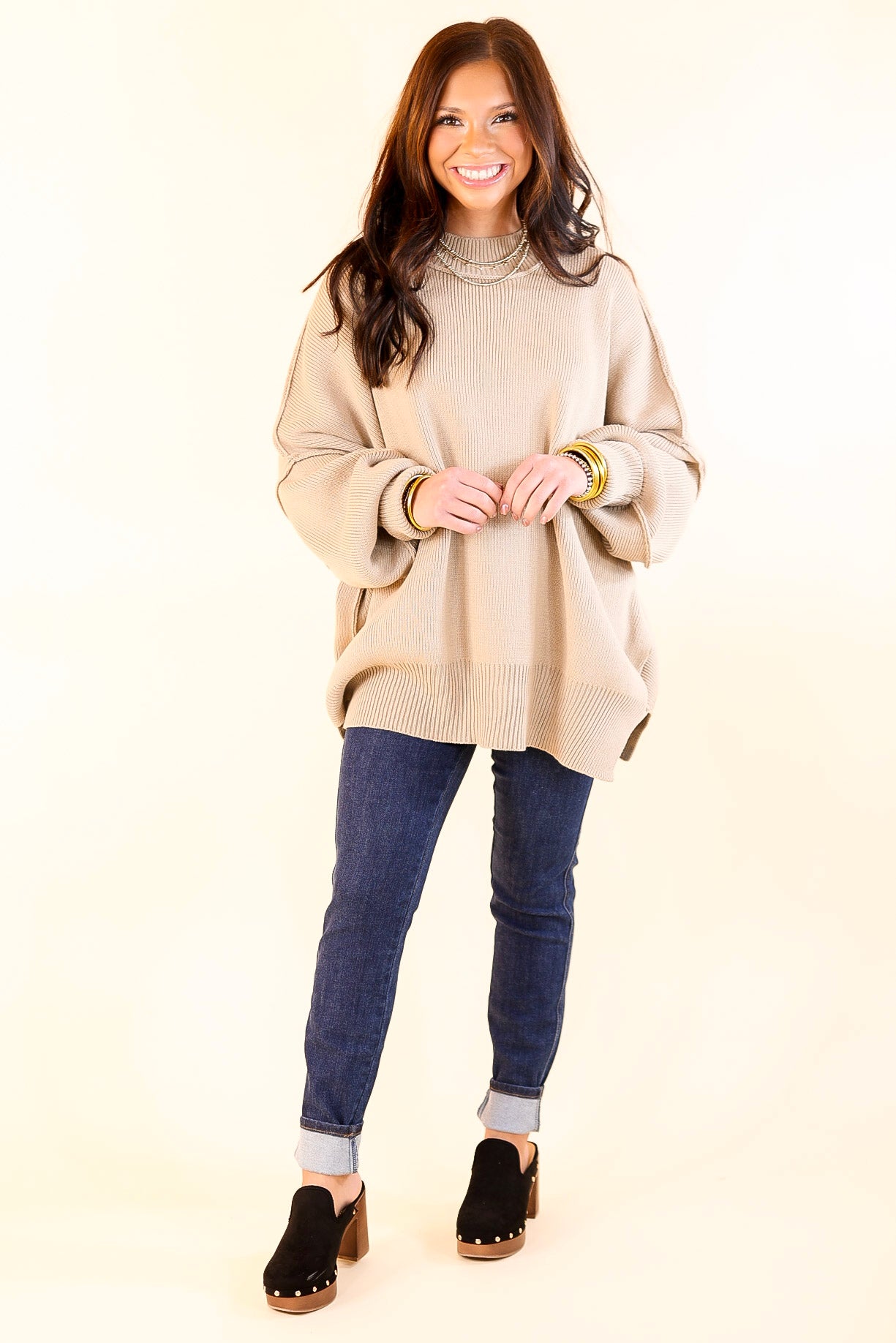 Snug and Stylish Mock Neck Sweater with Side Slit in Light Mocha Brown