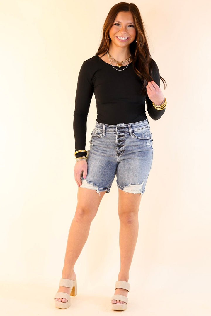 Judy Blue | Spring Bliss Button Fly Mid Length Shorts with Destroy in Medium Wash