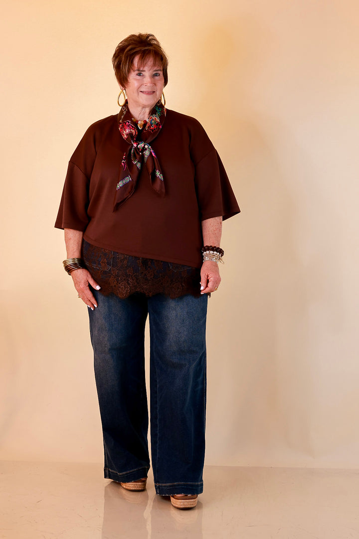 Laced with Charm Oversized Asymmetrical Lace Trim Boxy Top in Chocolate Brown