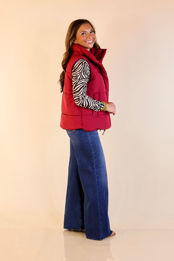 Evergreen Escape High Neck Puffer Vest in Maroon