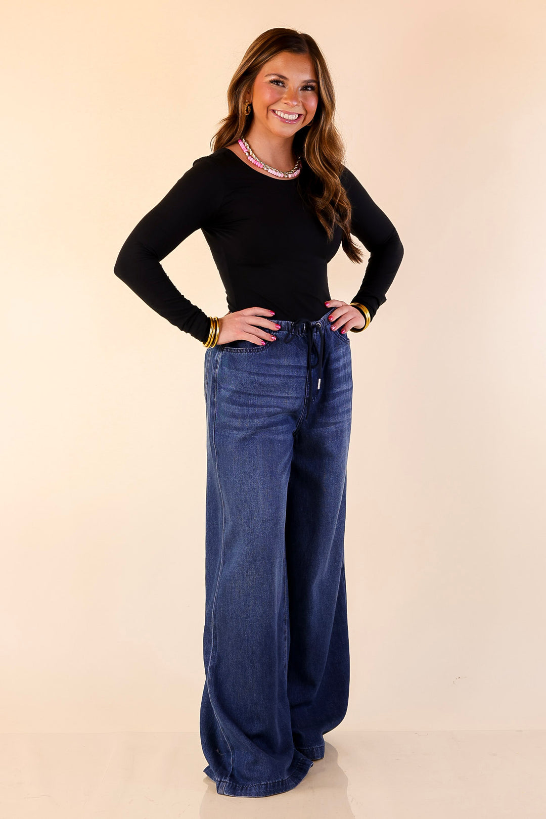 Judy Blue | Easy Like That Wide Leg Palazzo Featherweight Elastic Waistband Jeans in Dark Wash