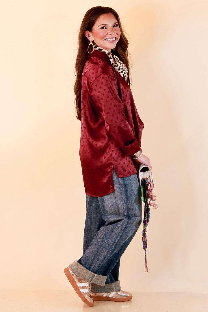 Polished Point of View Satin Collared Polka Dot Button Down Blouse with Gold Buttons in Maroon