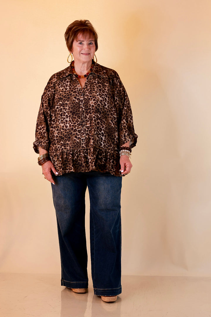 Quite the Impression Collared Button Front Leopard Print Peplum Top in Brown Multi