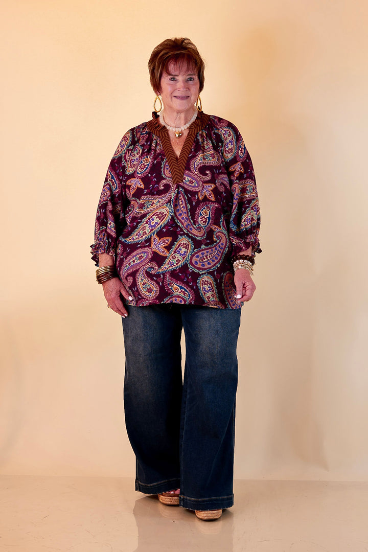 Caught My Eye Ruffle Contrast Stripe Detail Neck Balloon Sleeve Paisley Print Blouse in Plum Purple Mix
