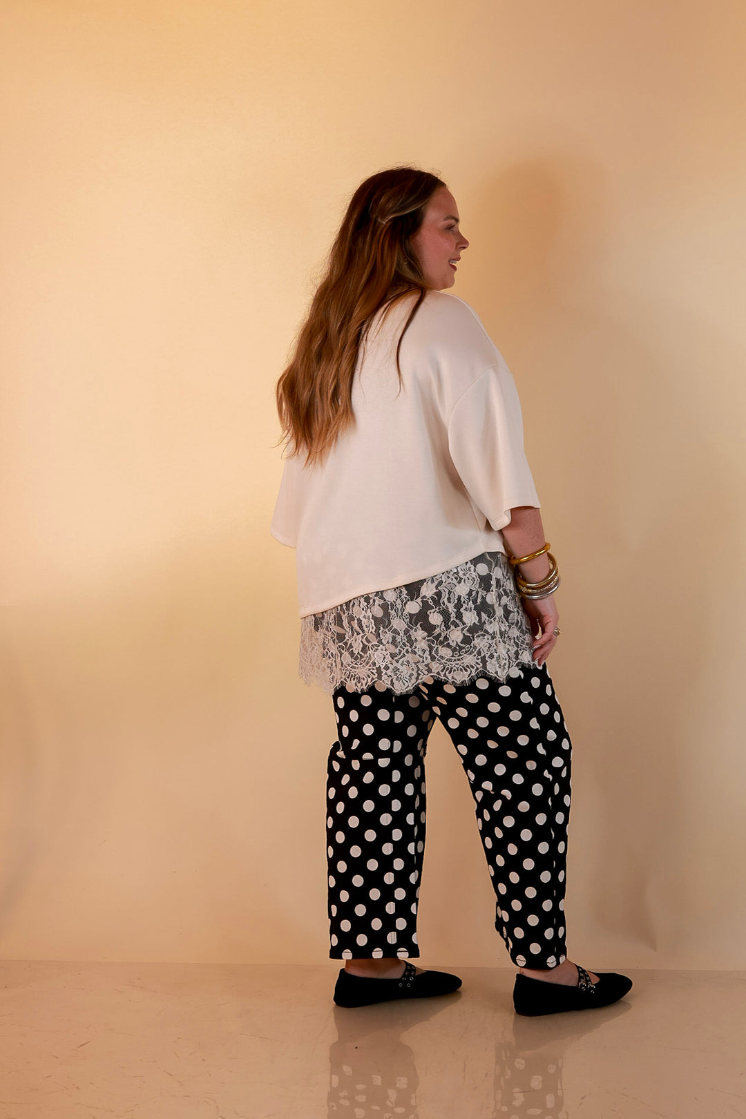 Just My Type Polka Dot Wide Leg Barrel Jeans with Drawstring Waist and Pockets in Black and White