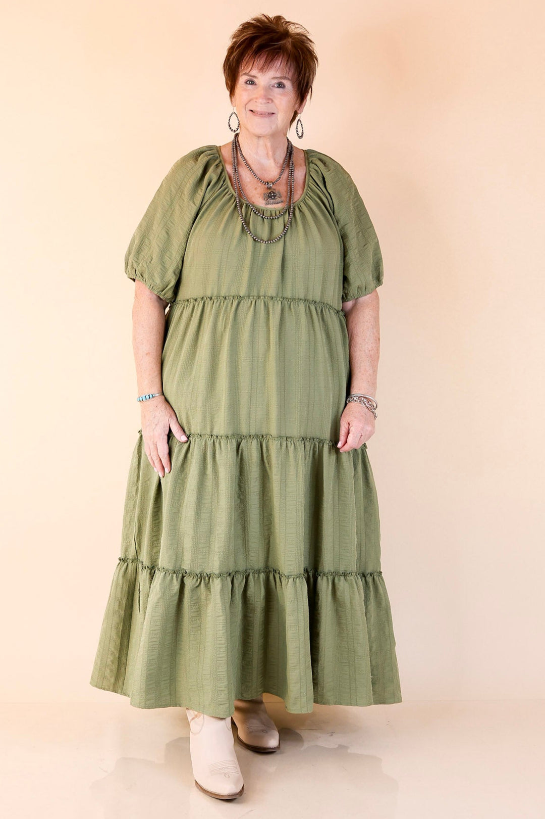 Sweetest Moments Ruffle Tiered Maxi Dress in Olive Green