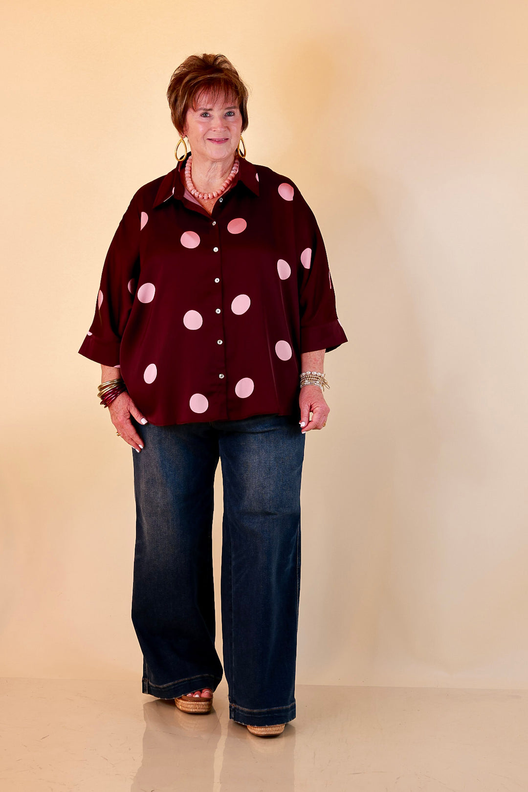 Two of a Kind Oversized Long Sleeve Button Down Blush Pink Polka Dot Blouse in Maroon