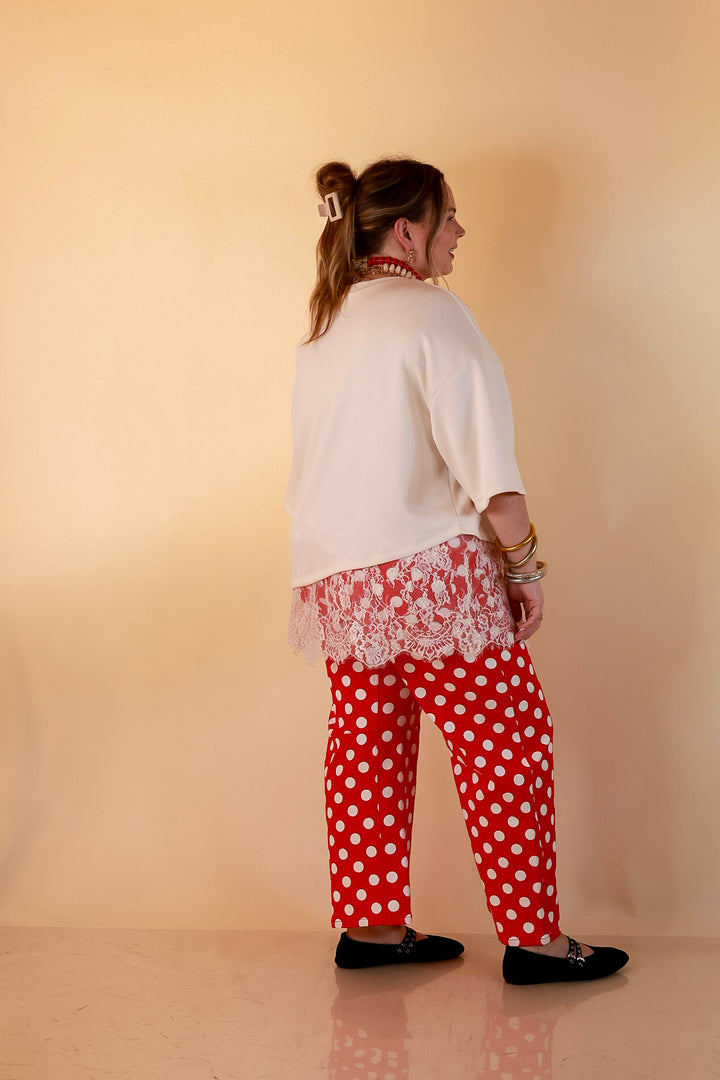 Just My Type Polka Dot Wide Leg Barrel Jeans with Drawstring Waist and Pockets in Red and White