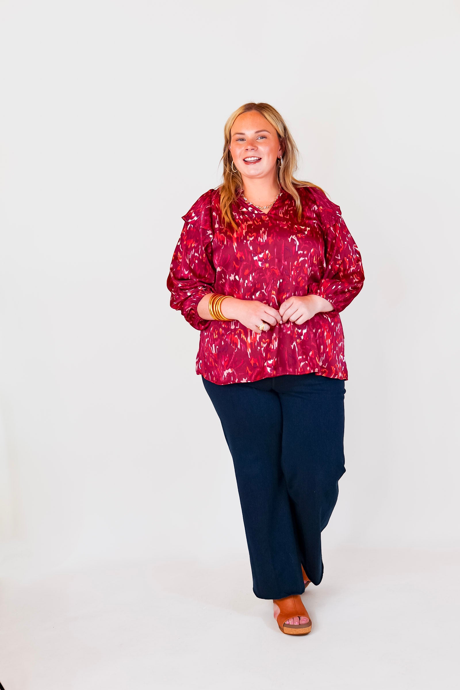 Sweet Charisma Abstract Print Blouse with Notched Neckline in Maroon - Giddy Up Glamour Boutique