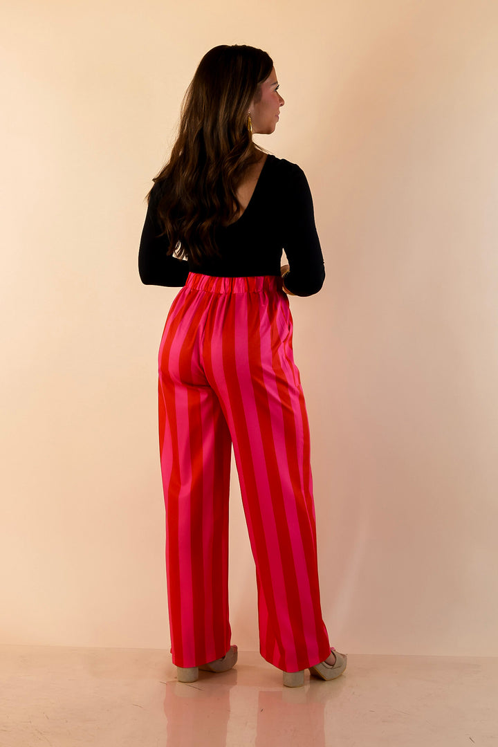 Electric Energy Elastic Waist Wide Leg Stripe Pants with Pockets in Pink and Red