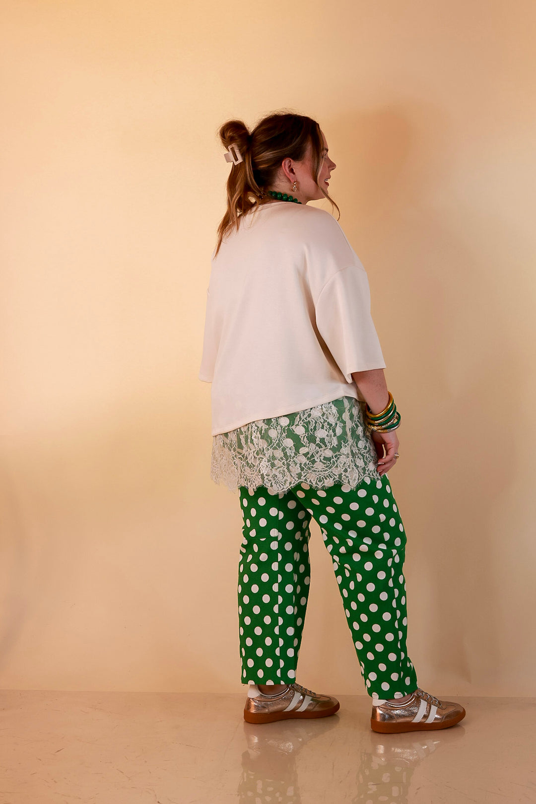 Just My Type Polka Dot Wide Leg Barrel Jeans with Drawstring Waist and Pockets in Green and White