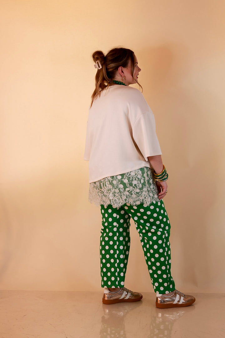 Just My Type Polka Dot Wide Leg Barrel Jeans with Drawstring Waist and Pockets in Green and White